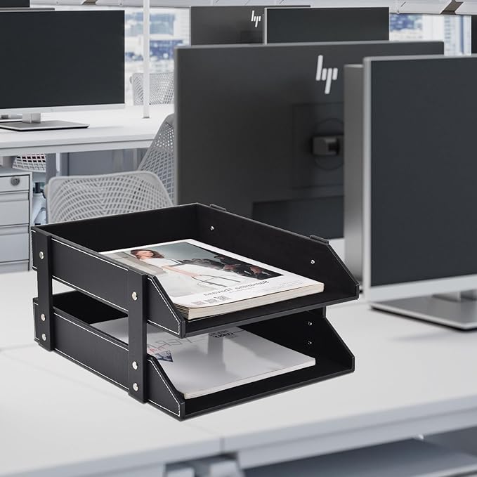 Leather Desk Organizer, 2-Tier Stackable Letter Tray Holder, Office Supplies - Image 6