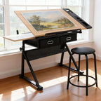 ZENY Drafting Table Art Desk Drawing Table Height Adjustable Artist Table with Tilted Tabletop, Drafting Stool and Storage Drawer for Reading, Writing, Crafting, Painting Art