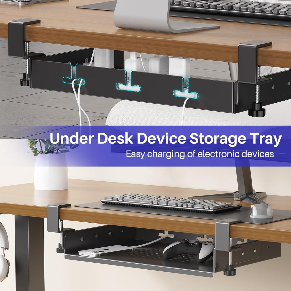 BYMECOST No Drill Under Desk Laptop Mount, Metal Under Desk Storage Shelf