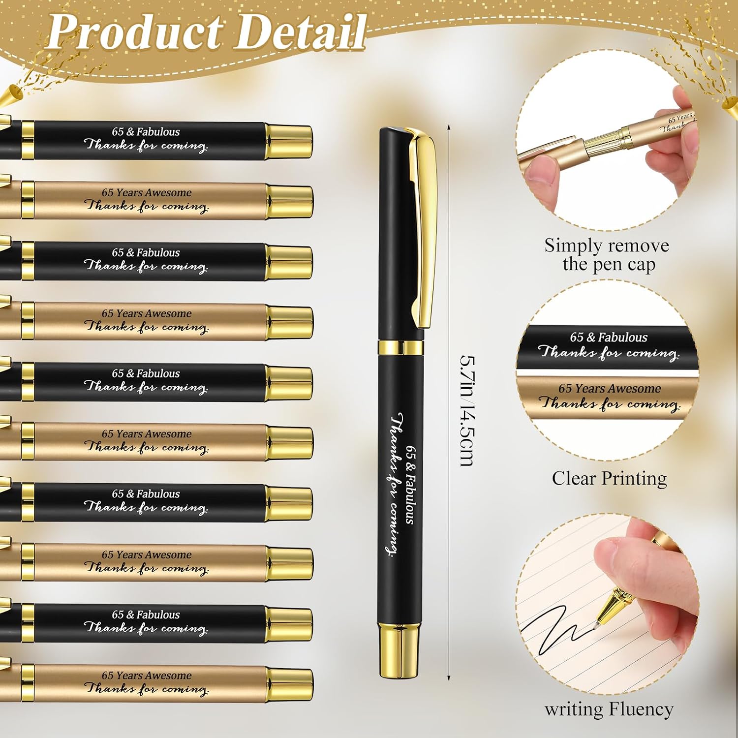 Feifeiya 30 Set 65th Birthday Favors with Black Gold Pens Cards | Birthday Souvenirs for Guests, Black and Gold Pens with Paper Thank You Cards for Men, Women and Wedding Anniversary Party