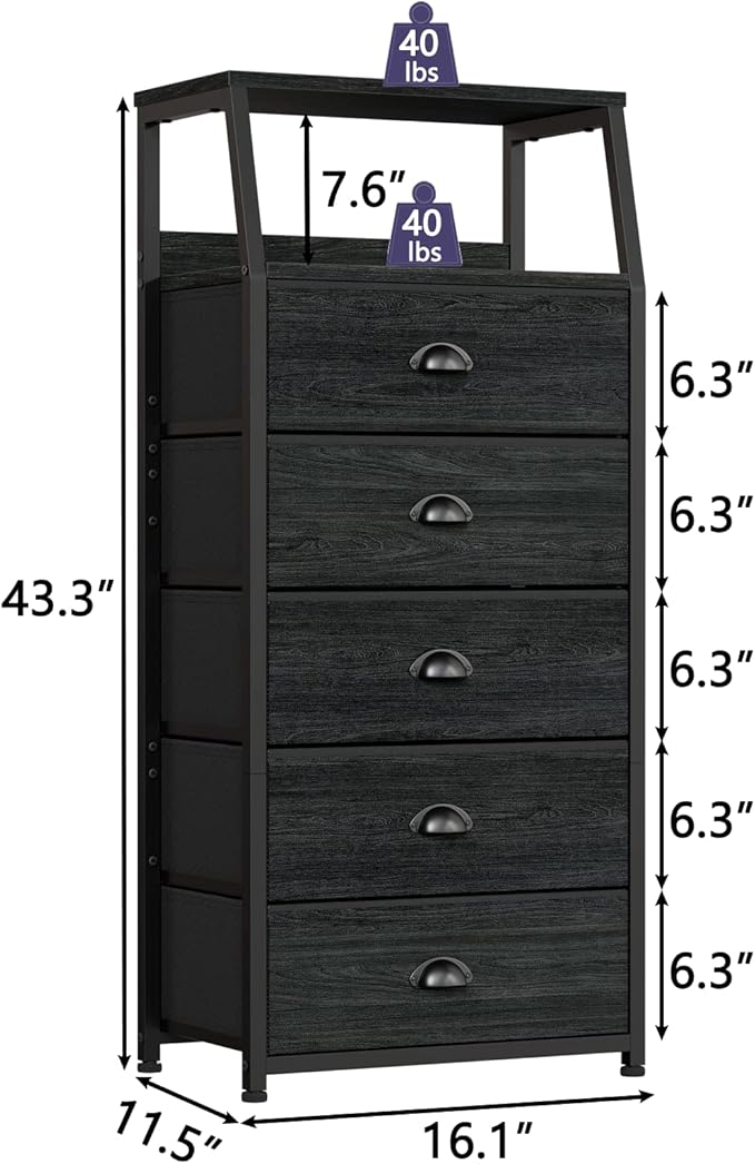 Furnulem Black Dresser with 5 Drawers, Vertical Storage Tower Fabric Dresser - Image 3