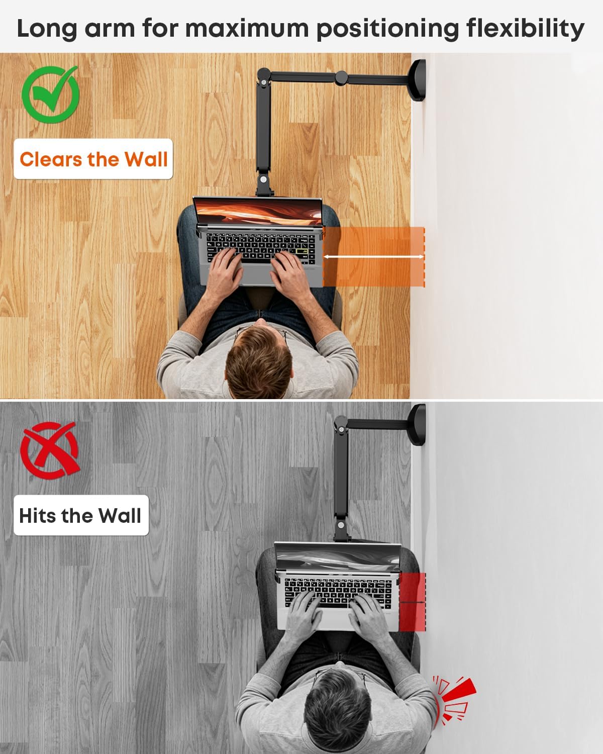 Long Arm 2-in-1 Laptop Wall Mount with Detachable Tray for 12-17'' La...