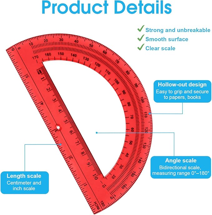 Hoiny 10 Pack Clear Protractor, 6 Inch Plastic Protractors, 180 Degrees - Image 3