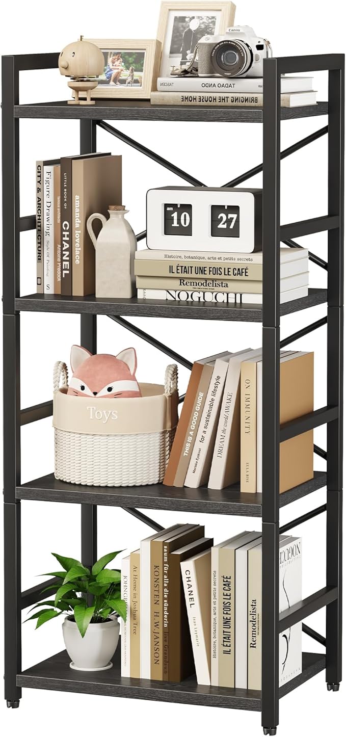 Homeiju Black Bookshelf, 4 Tier Small Bookcase, Book Shelf Organization and by Homeiju