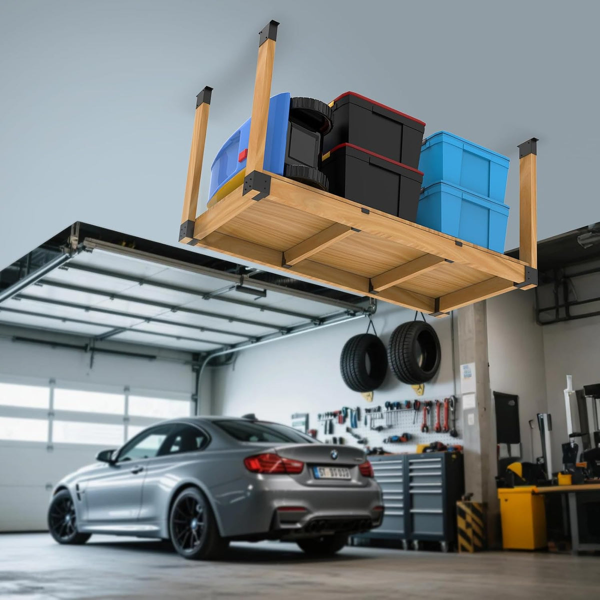 heavy duty overhead garage storage rack kit for shown in use