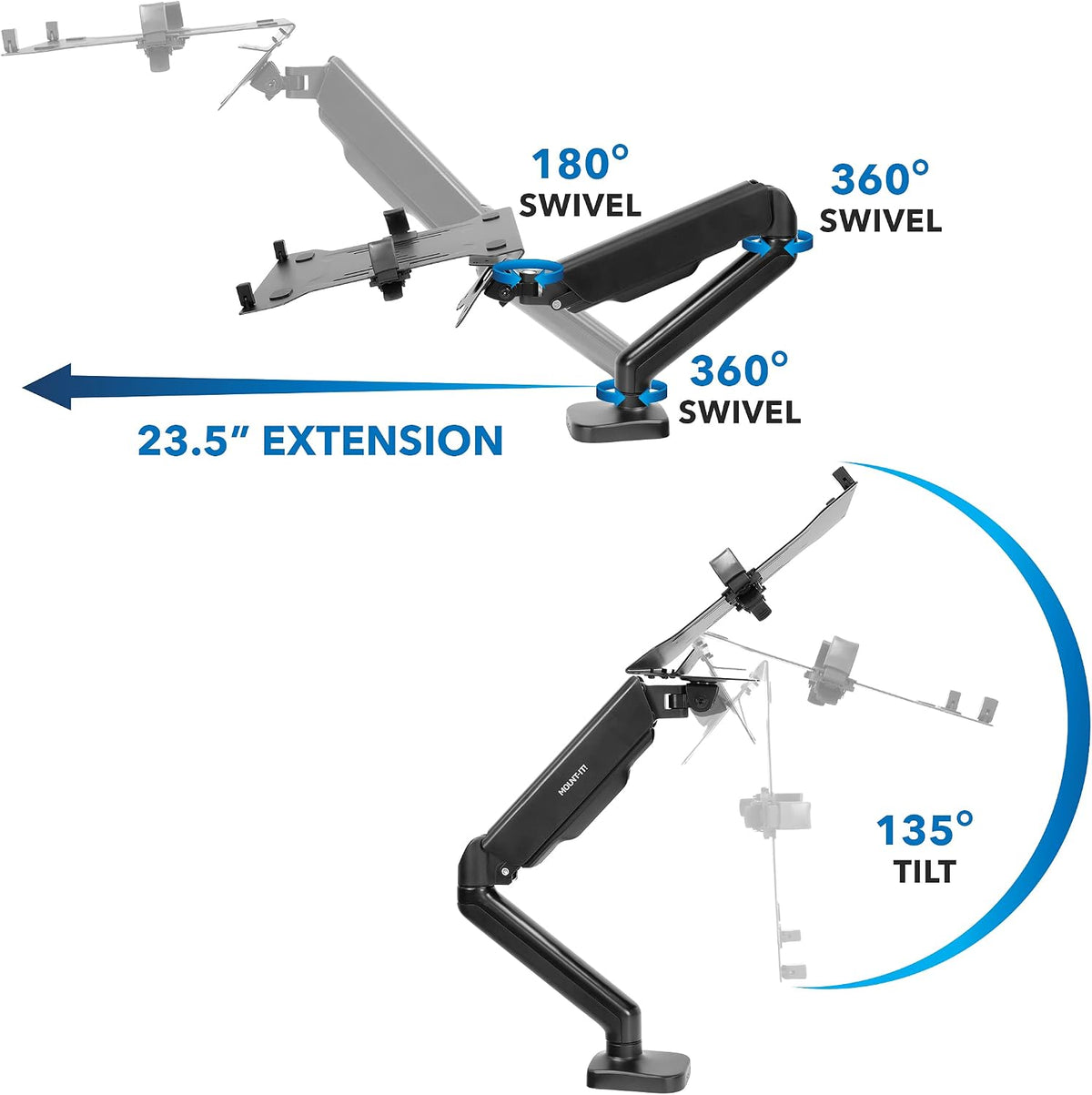 Mount-It! Laptop Arm Mount for Desk, Gas Spring, Clamp or Grommet, 17 Inch