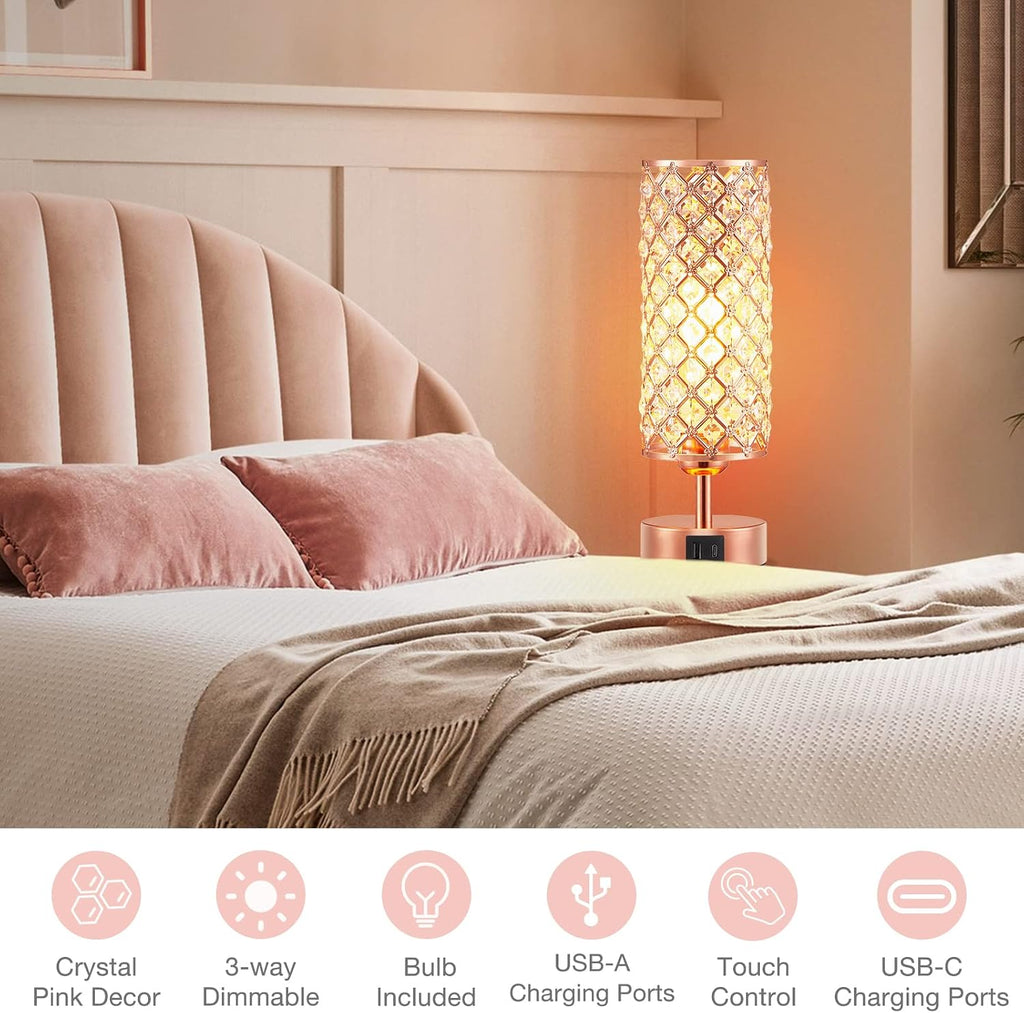 pink crystal table lamp, 3 way dimmable touch on a desk or shelf