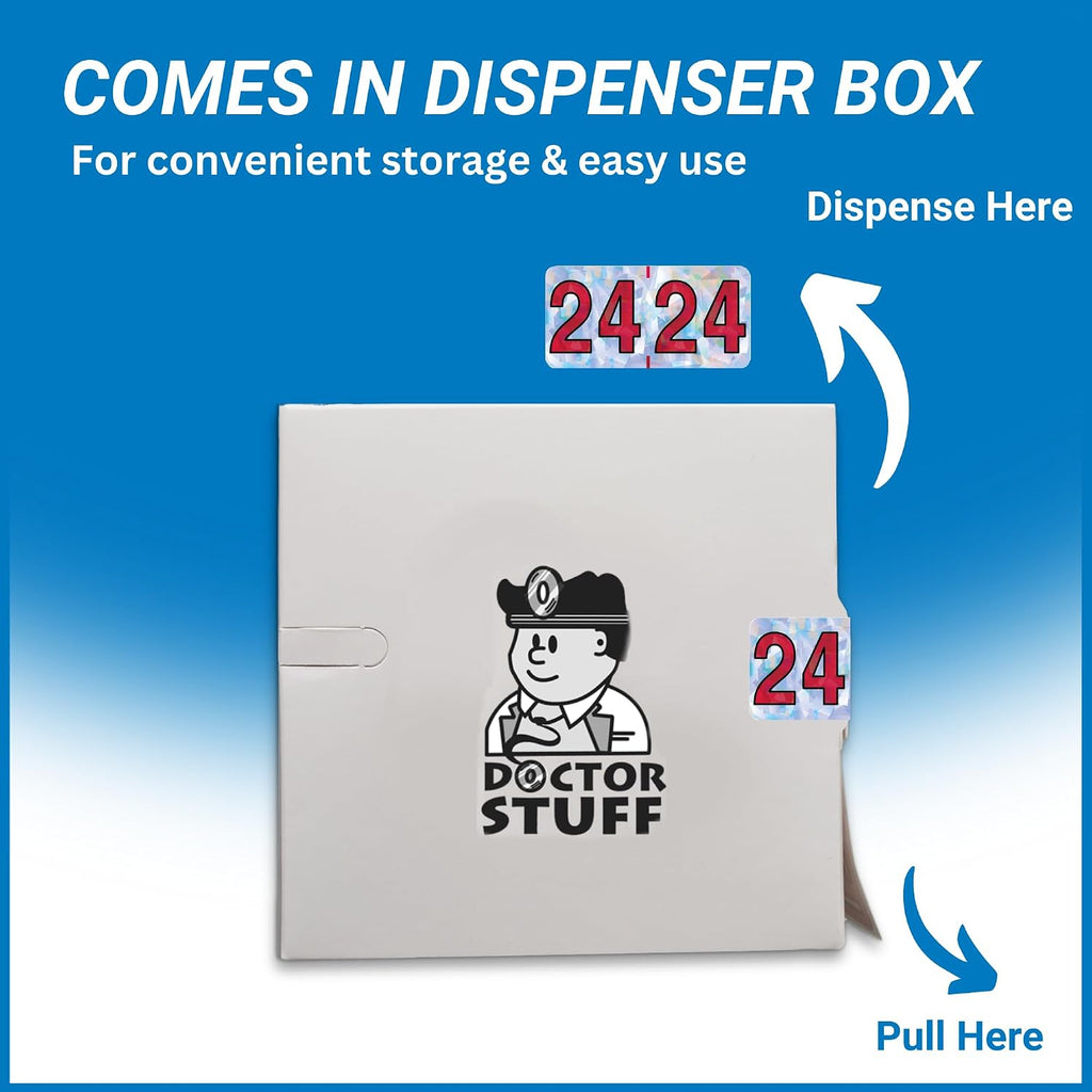 2024 Chart Stickers, Holographic Silver, End Tab, 3/4 x 1-1/2, 500/Roll | Doctor Stuff Permanent-Adhesive 2024 Year Labels, USA Made to Stay Put for the Life of the Chart
