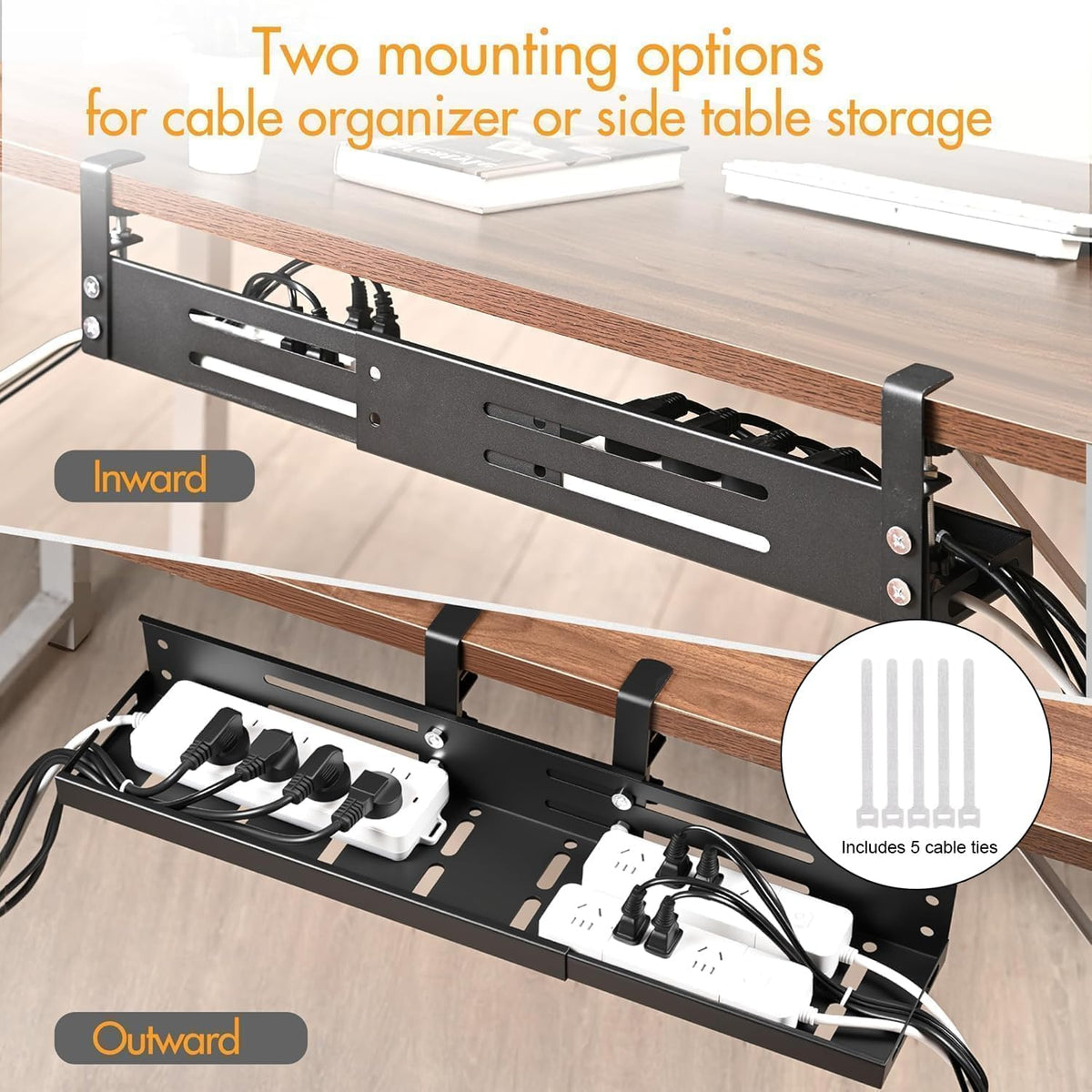 No Drill Under Desk Cable Management Tray, 17”-30” Retractable Cord Organizer...