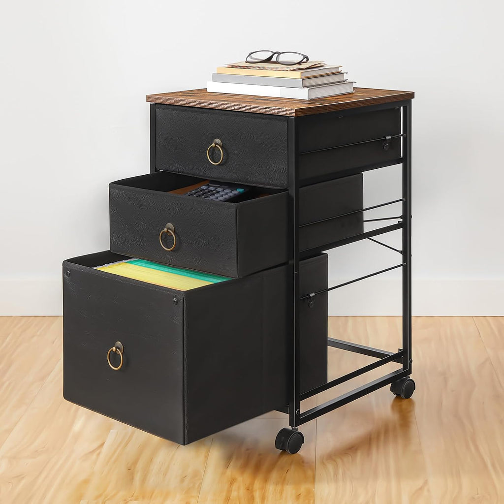 HOOBRO 3-Drawer Mobile File Cabinet, Vertical Filing Cabinet, Under Desk Storage Drawers for Home Office, Rolling Printer Stand, A4/Letter-Sized, Nonwovens Drawer, Rustic Brown and Black BFK30WJ01