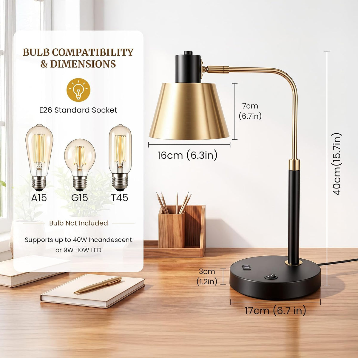 Desk Lamp with USB-C, USB-A and AC Outlet, Adjustable E26 Table Lamp for Home...