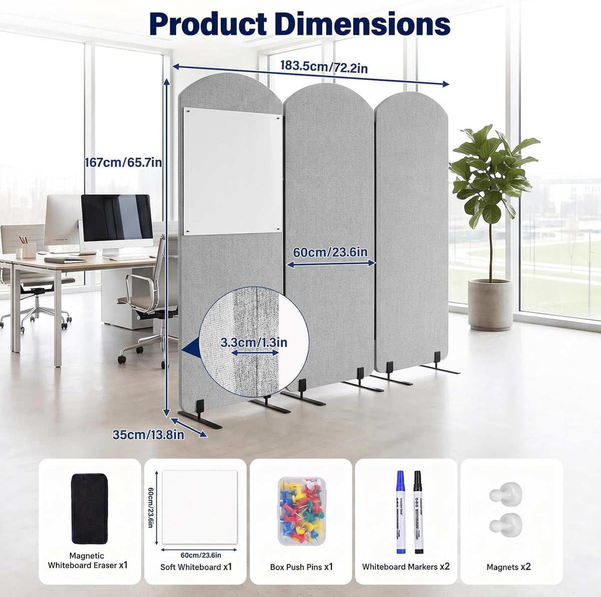 3 Panel Office Partitions with Whiteboard, 72" x 66" Temporary Wall...