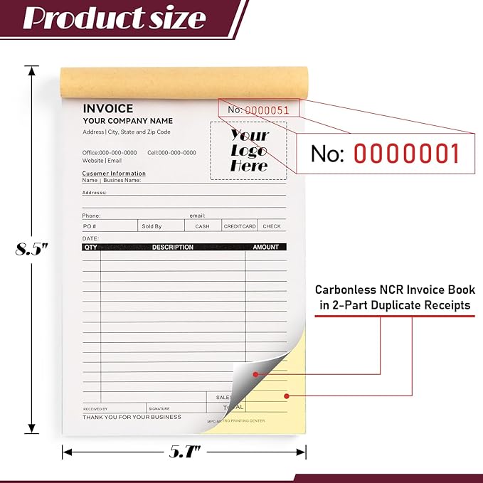 100 Sets Custom 5.7" X 8.5" Invoice Receipt Book, Personalized Duplicate - Image 3