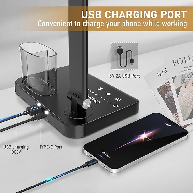 Dimmable LED Desk Lamp with USB Charging Port, 50 Lighting Modes Dual Swing Arm - Image 2