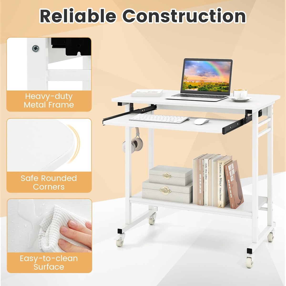 GIANTEX Rolling Computer Desk, Mobile Portable Desk with Keyboard Tray & ...