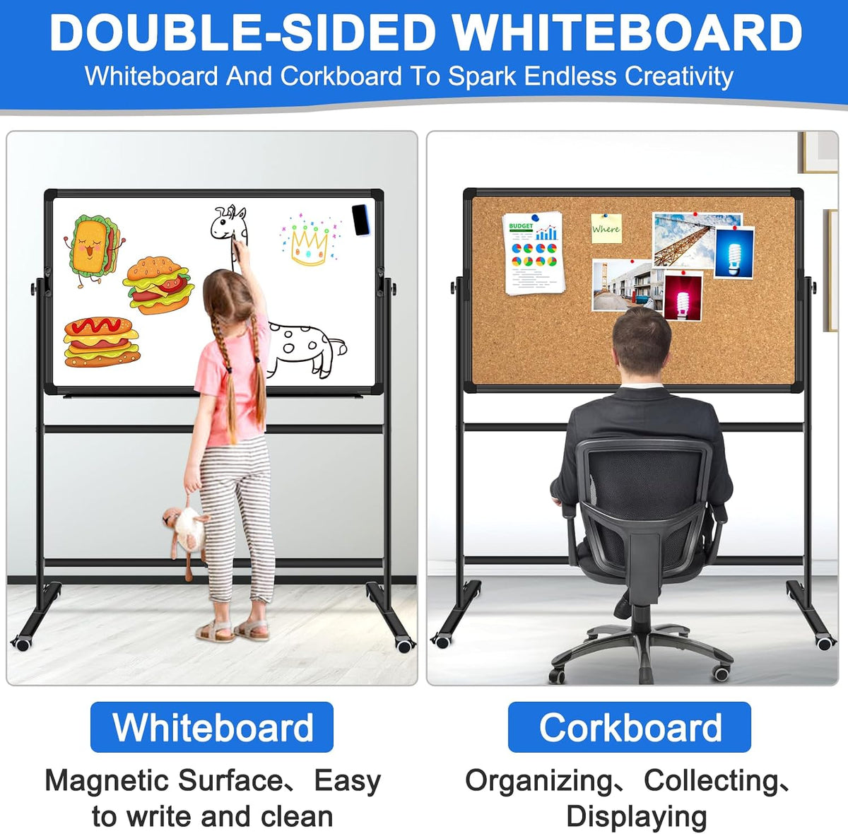 Max-officoo 36"x24" Double-Sided Mobile Whiteboard and Cork Boards ...
