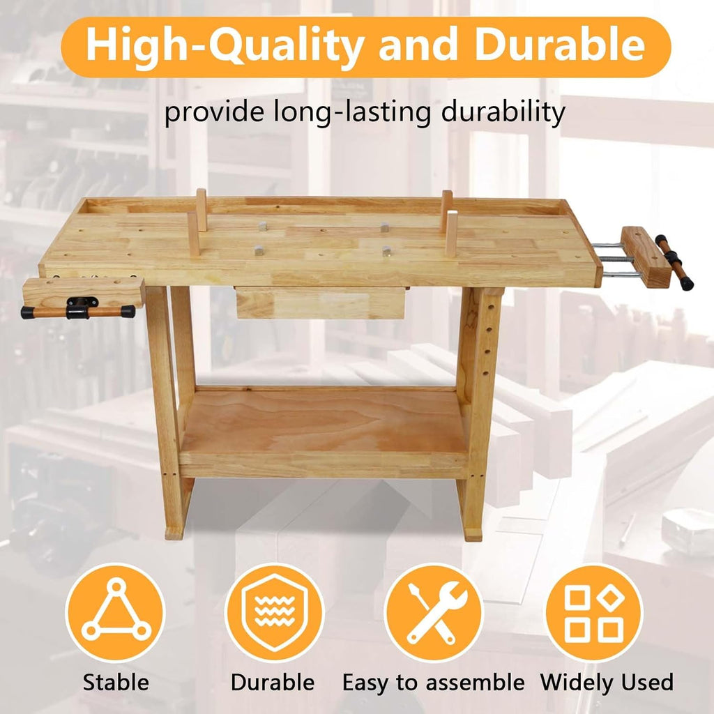 55" rubber wood workbench with drawer& shelf, 330, close-up detail