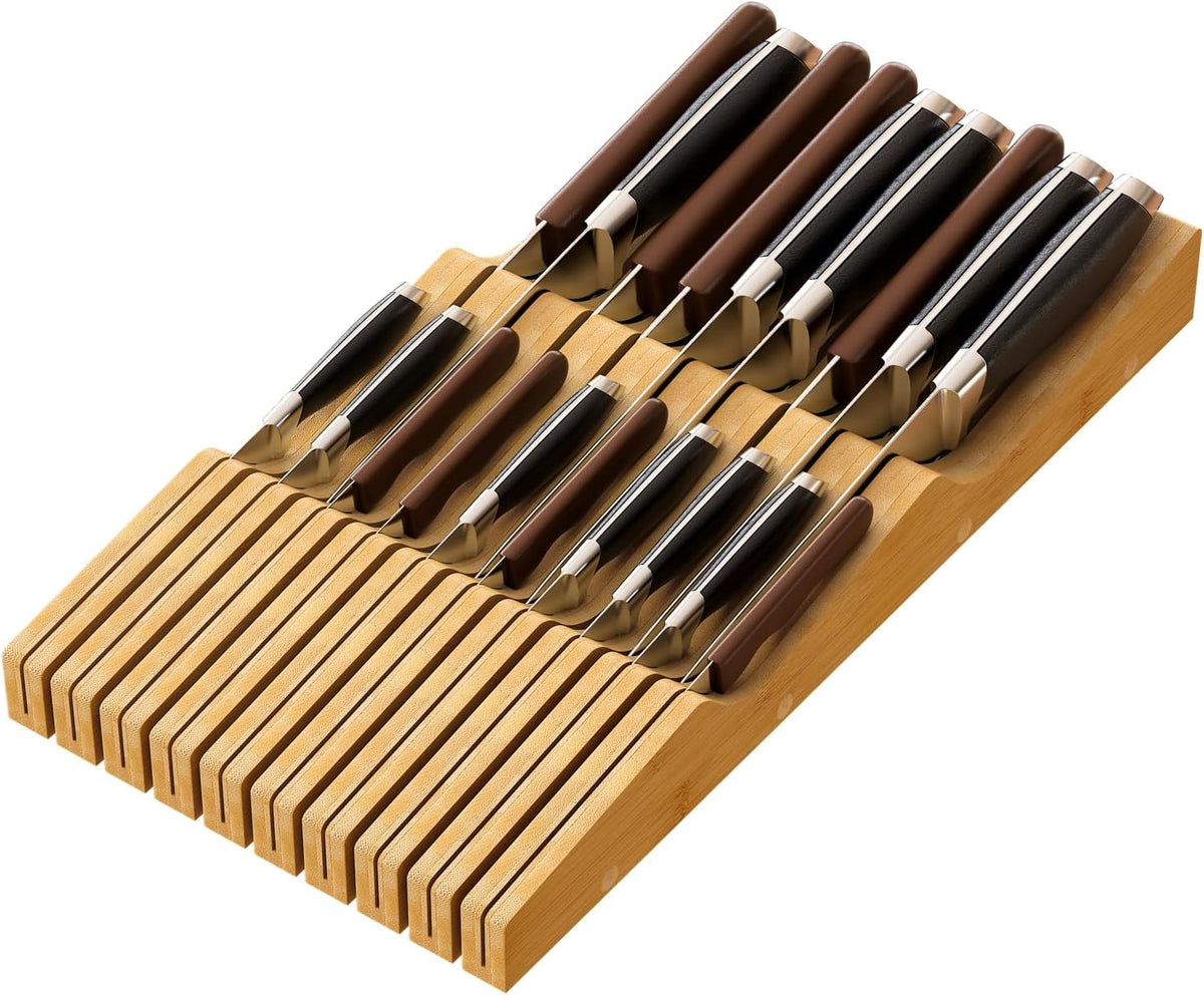 Bamboo Knife Drawer Organizer, In-Drawer Block Holds 19 Kitchen Knives