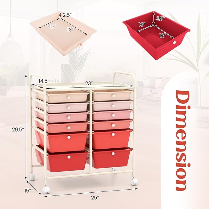 LDAILY 12 Drawer Rolling Storage Cart, Craft Cart Organizer on Wheels w/Metal - Image 3