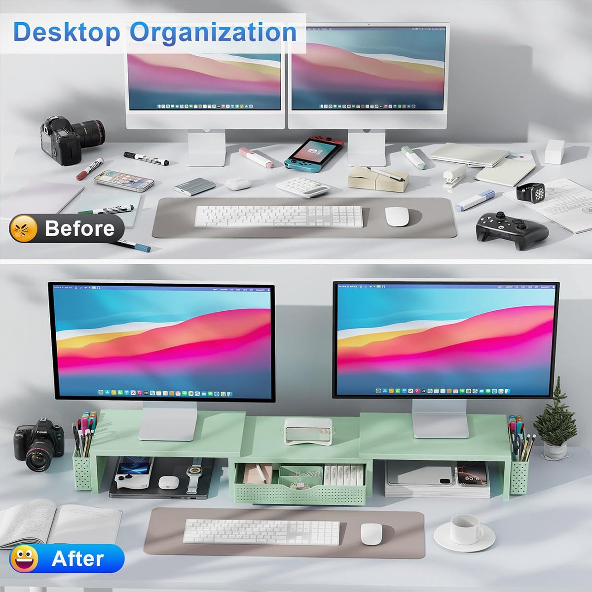 gianotter dual monitor stand riser with drawer and shown in use