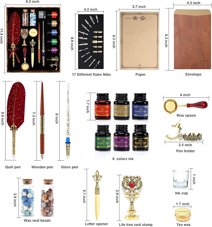 Junhartt Quill Feather Pen and Ink Set, Calligraphy Pen Glass Dip Pen and Wax - Image 2