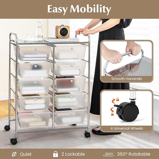 LDAILY 10 Drawer Rolling Cart, Storage Cart Organizer on Wheels, Drawer Cart - Image 4