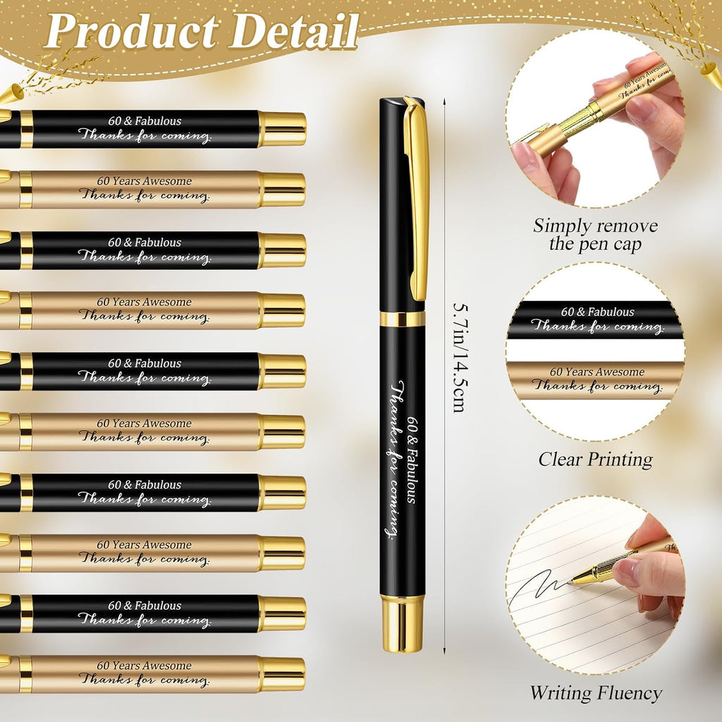 Feifeiya 100 Set 60th Birthday Favors with Black Gold Pens Cards | Birthday Souvenirs for Guests, Black and Gold Pens with Paper Thank You Cards for Men, Women and Wedding Anniversary Party
