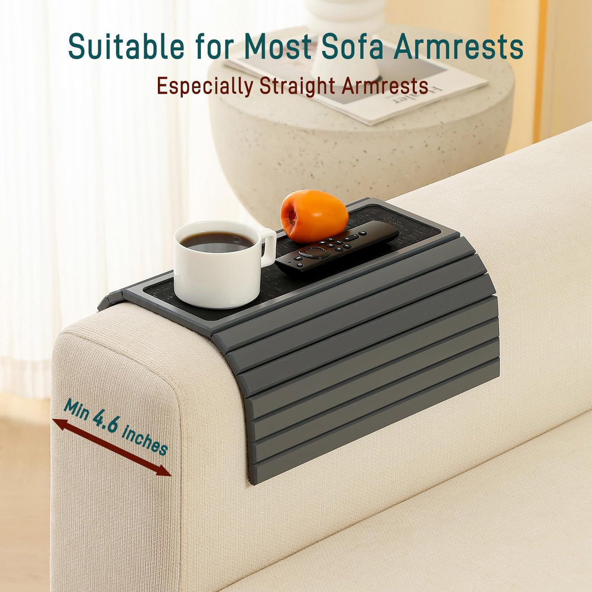 Bamboo Couch Arm Tray Table with Anti-Slip Cork Pad，Foldable Sofa Armrest Tra...