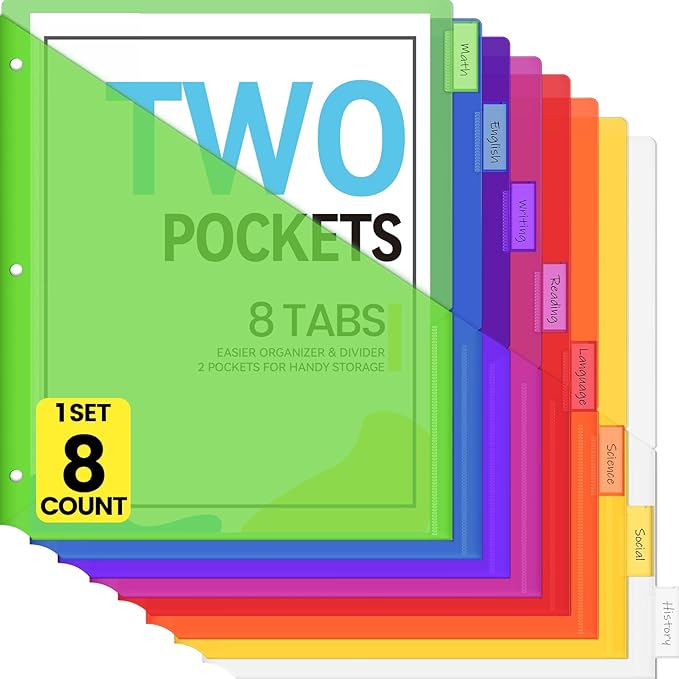 Sooez 8 Count Dividers with Pockets, 8 Tabs Binder Dividers by Sooez