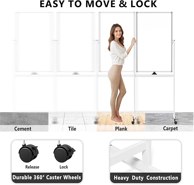 Neatsure Rolling Whiteboard on Wheels, Portable Standing Dry Erase Board Easel - Image 4