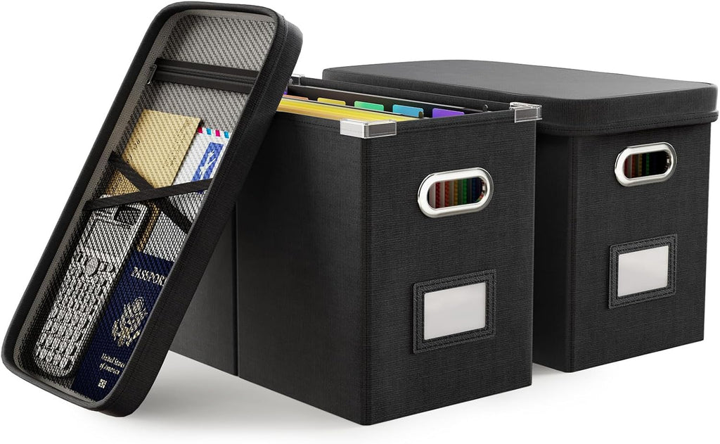 Oterri File Organizer Box with Lid, Hanging Filing File Box with Mesh Pocket