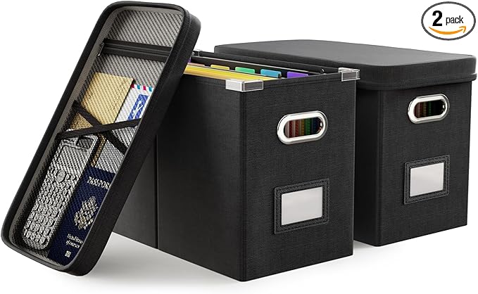 Oterri File Organizer Box with Lid, Hanging Filing File Box with Mesh Pocket by Oterri