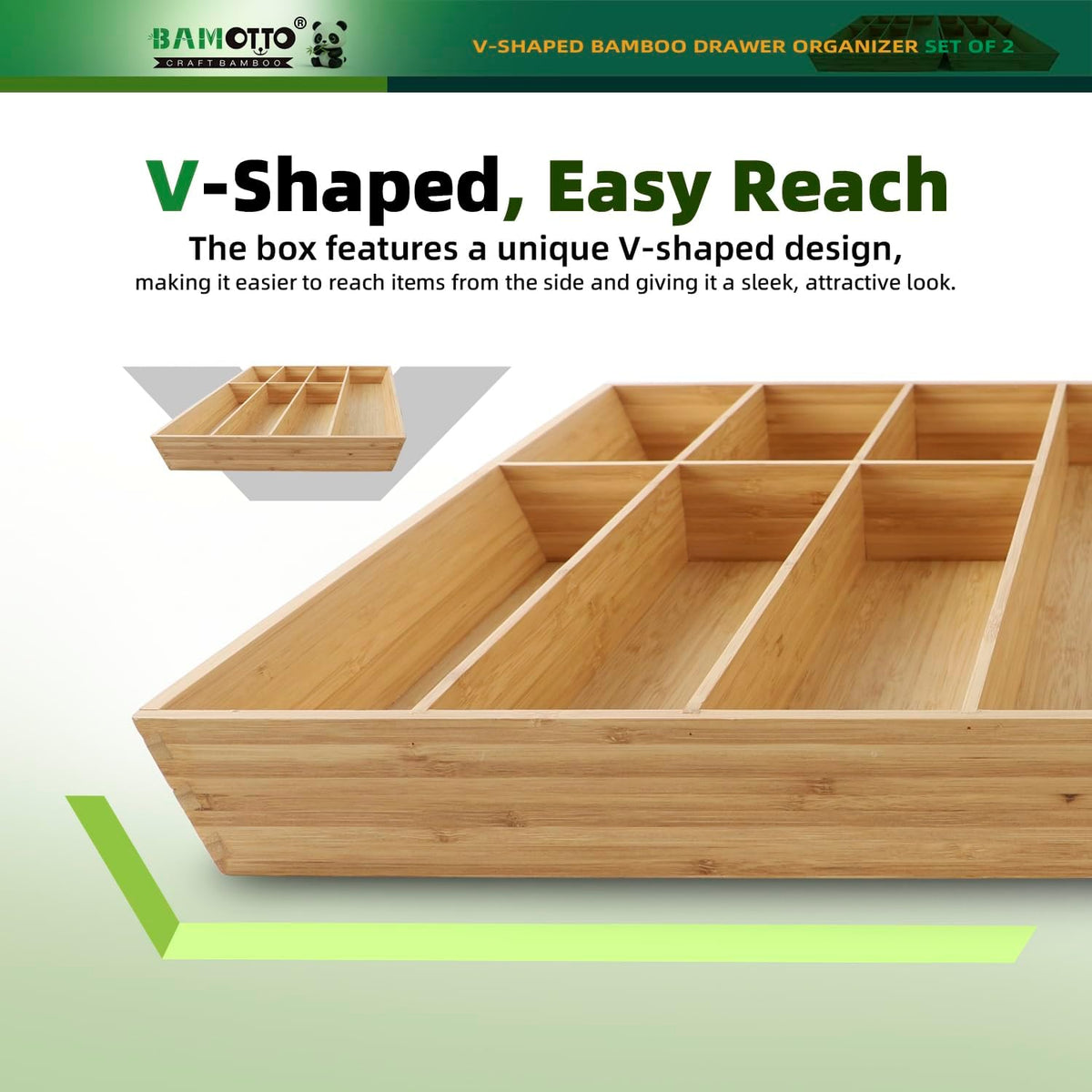 BAMOTTO CRAFTBAMBOO 13 Slot V-Shaped Bamboo Drawer Organizer Set of 2