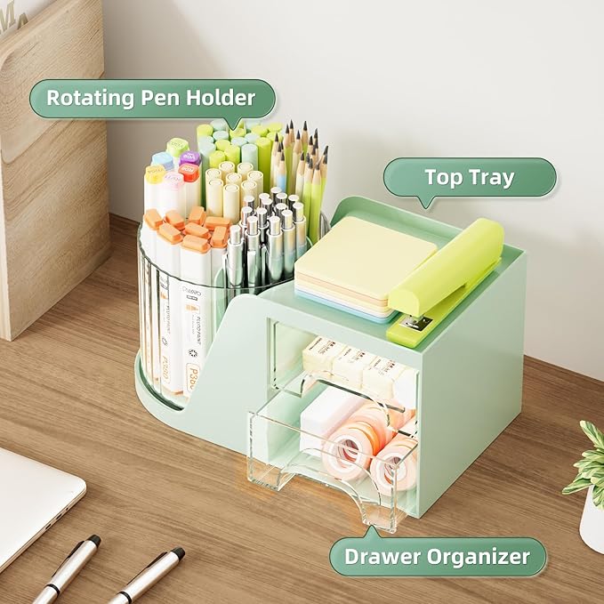 Marbrasse Desk Organizer with 2 Drawer, 360°Rotating Pen Holder, Desk - Image 2