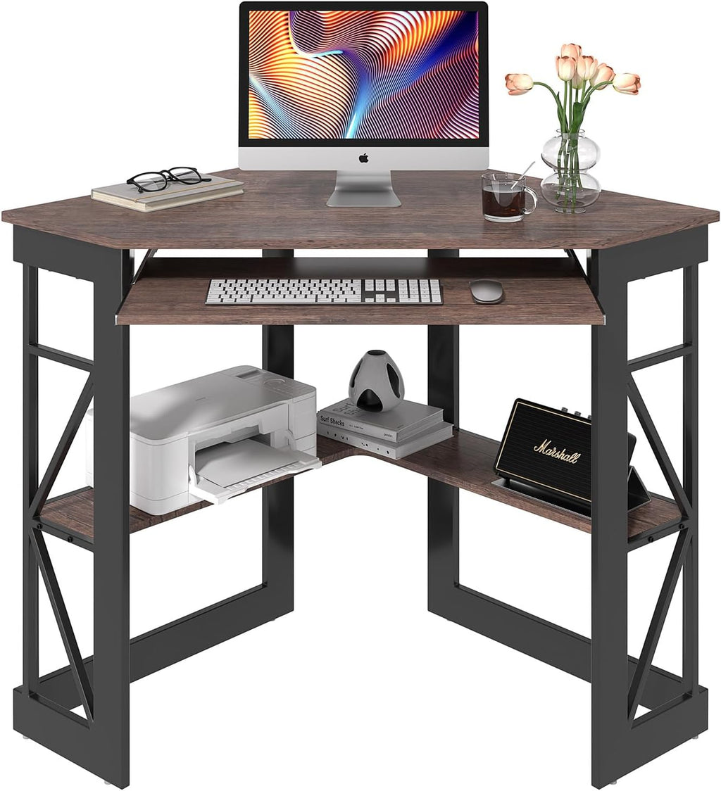 VECELO Corner Desk Computer Desk Writing Table with Smooth Keyboard Tray&Storage Shelves for Small Spaces/Compact Home Office Triangle Table,Brown