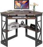 VECELO Corner Desk Computer Desk Writing Table with Smooth Keyboard Tray&Storage Shelves for Small Spaces/Compact Home Office Triangle Table,Brown