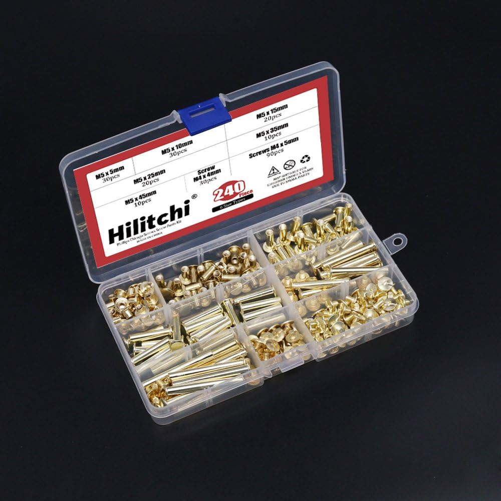 Hilitchi 120-Sets M5 x 5/10 / 15/25 / 35/45 Brass Plated Phillips Chicago Screw Posts Binding Screws Assortment Kit for Scrapbook Photo Albums Binding, Leather Repair - Gold