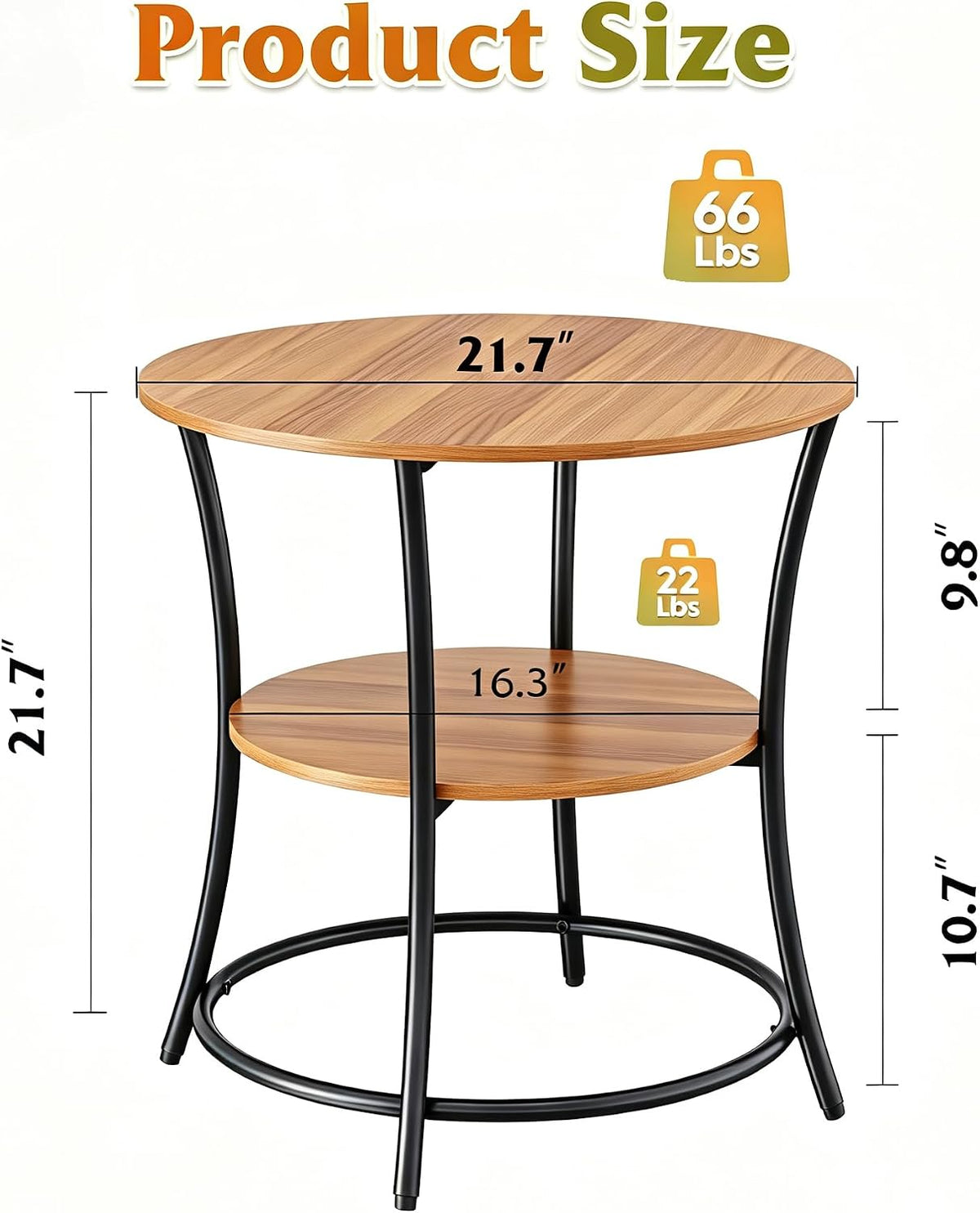 WLIVE 2 Tier Round End Table Steel Frame Small Space Living Room Nightstand