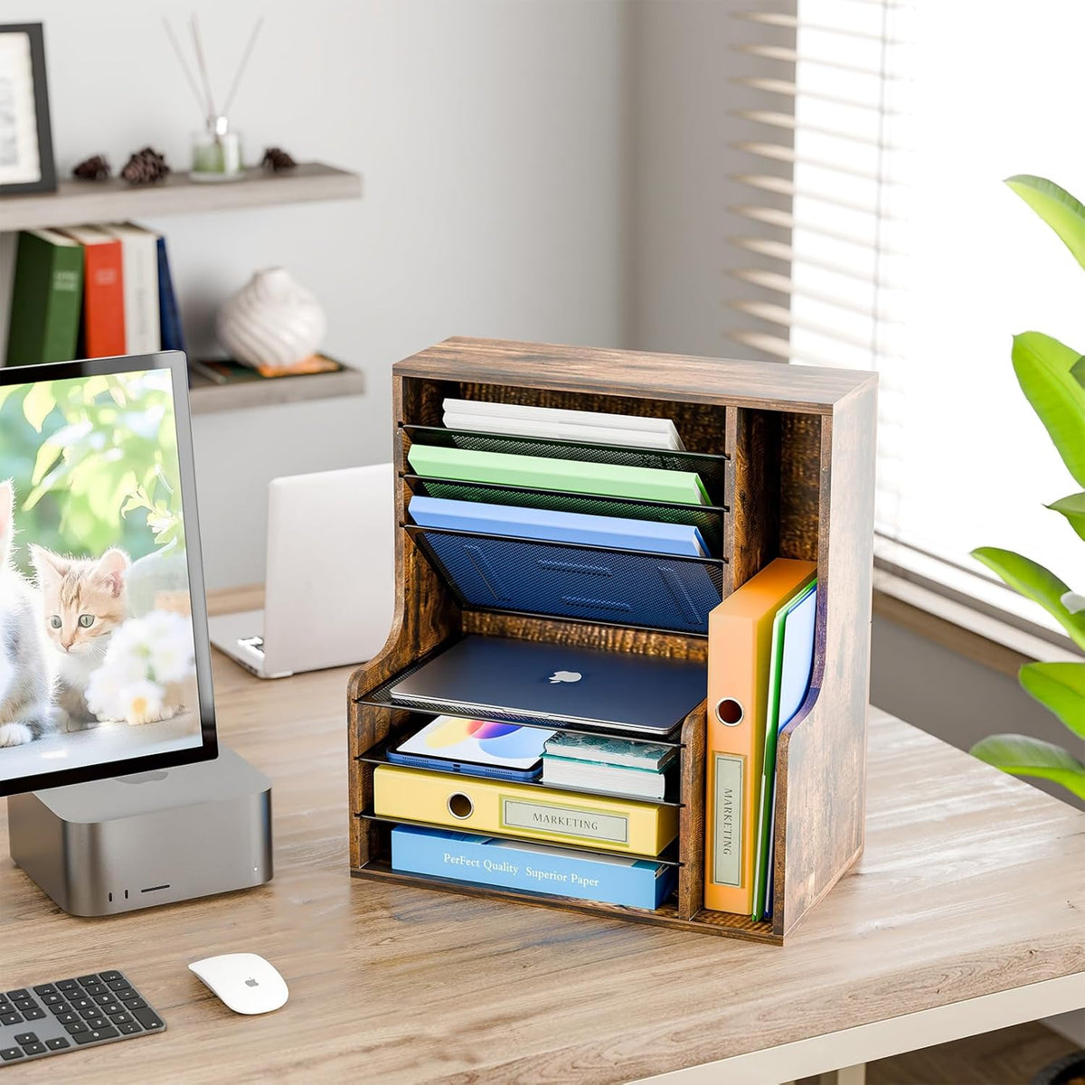 simple trending 7- tier desk file organizer, paper, side view