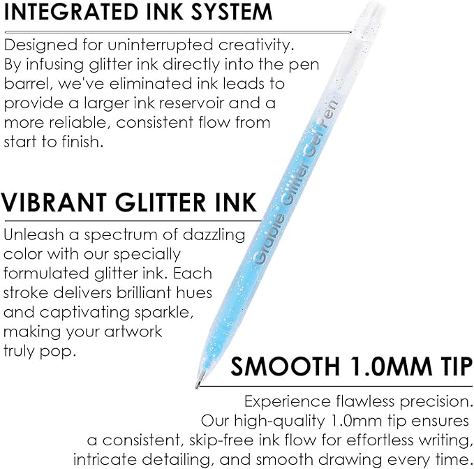 Grabie 42 Capped Glitter Gel Pen Set, 18 Iridescent&24 Essential Color Pens - Image 2