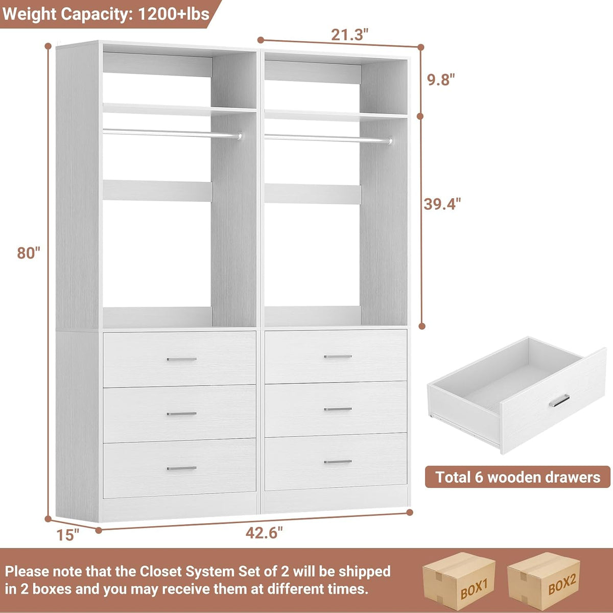Besiost Closet Systems with 6 Wood Drawers, Closet System Set of 2