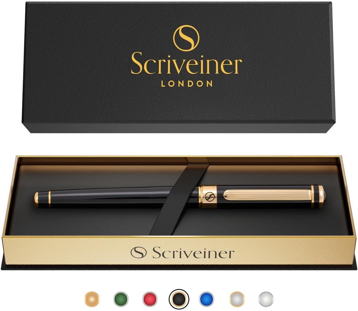 Scriveiner Black Lacquer Rollerball Pen - Stunning Luxury Pen, Real Gold Plat...