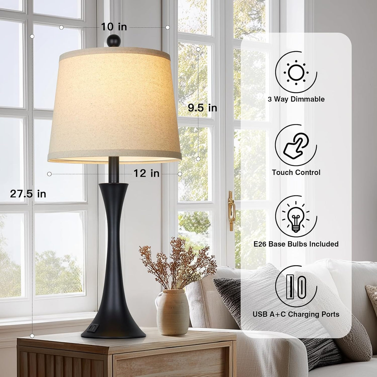 27.5" Black table Lamps for Living Room, Touch Control 3-Way Dimmable Be...