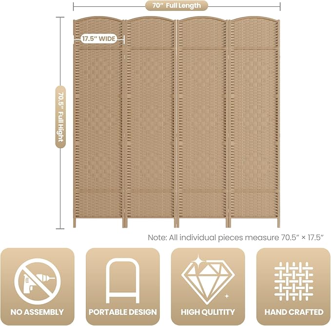 Cocosica 6 ft. Tall Room Divider and Folding Privacy Screen, Weave Fiber - Image 3