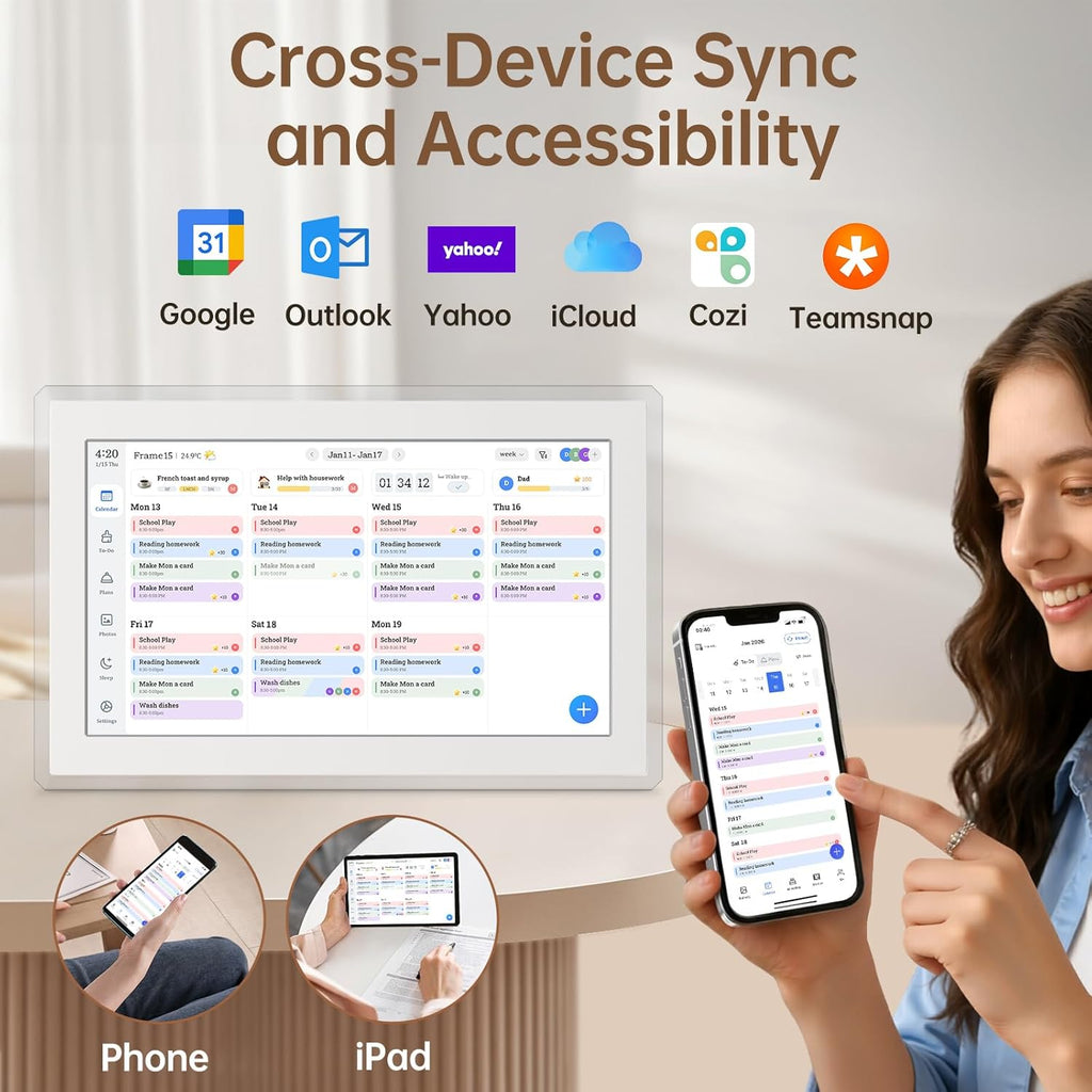 15.6" Digital Calendar Wall Touch Screen, Chore Chart, Photo Frame, Refills | Real-time Google, Outlook and iCloud sync keeps every family member organized, with meal planning and no subscription fees.