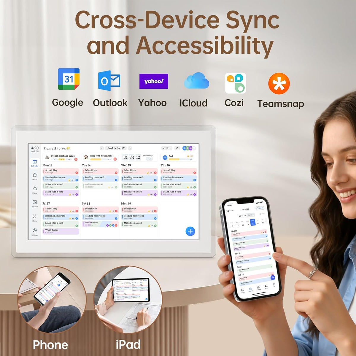 15.6" Digital Calendar Wall Touch Screen, Chore Chart, Photo Frame, Refills | Real-time Google, Outlook and iCloud sync keeps every family member organized, with meal planning and no subscription fees.