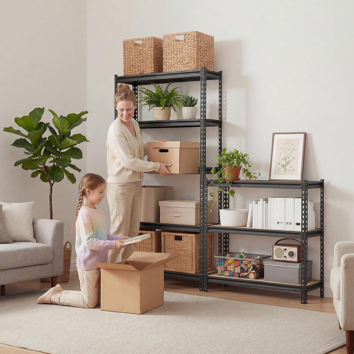 vevor storage shelves, 5-tier adjustable, 3000 lbs capacity shown in use