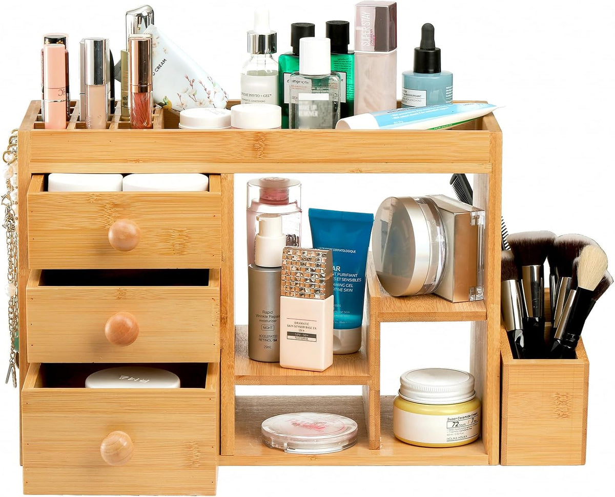 Elsjoy Large Countertop Bamboo Makeup Organizer with 3 Drawers, 12-Grid Lipst...