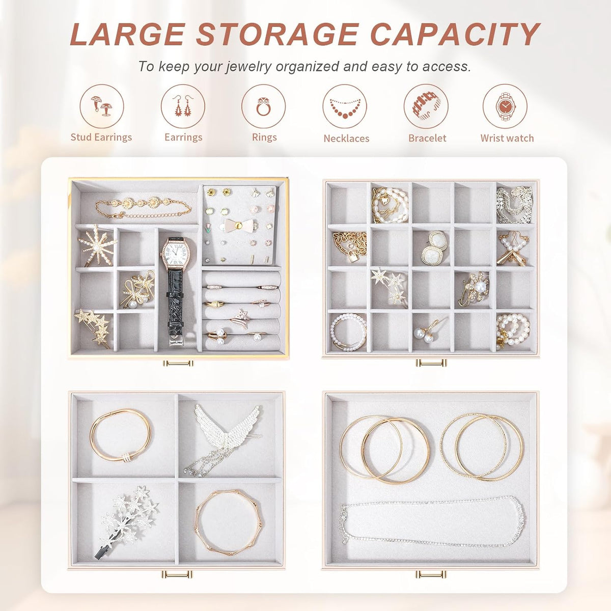 Large Jewelry Box, 4-Layer Leather Organizer, Apricot