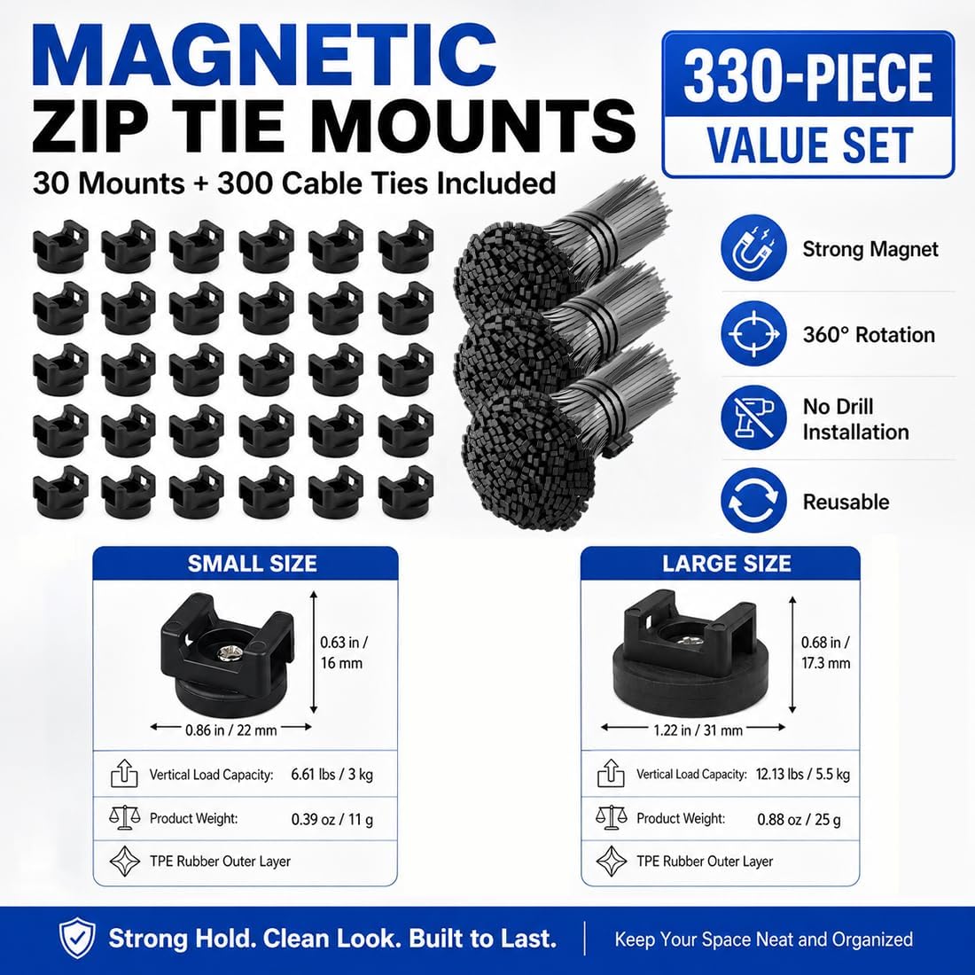 30 Pcs Magnetic Zip Tie Mounts with 300 Cable Ties Magnetic Cable Clips Magne...
